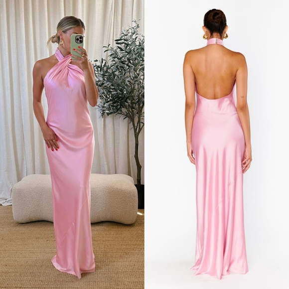 Show Me Your MuMu Dresses & Skirts - Show Me Your MuMu Jasmine Halter Maxi Light Pink Luxe Satin Dress M Wedding Prom